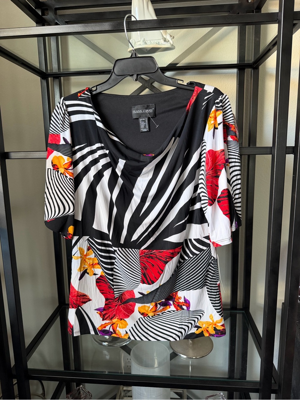 Frank Lyman Design Black, White & Red Floral Draped-Neck Top